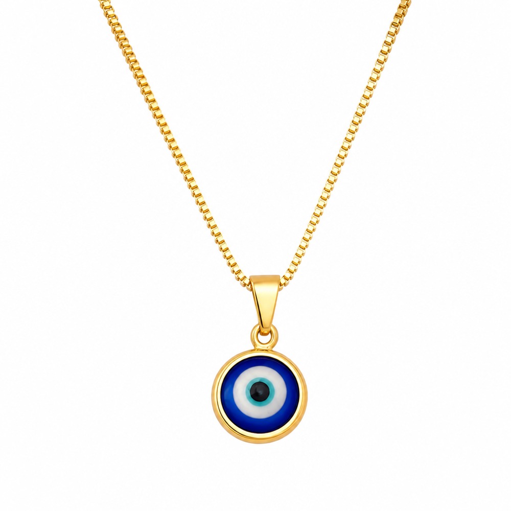 Round enamel blue evil eye pendant necklace with thin gold chain, lucky protective minimalist clavicle jewelry for women