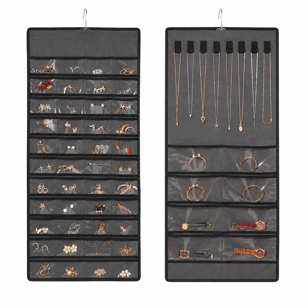 Dark Grey Double-sided 48-grid Hanging Jewelry Organizer Bag, separate storage for earrings, rings, necklaces and bracelets, dust-proof & space-saving for dressing table.