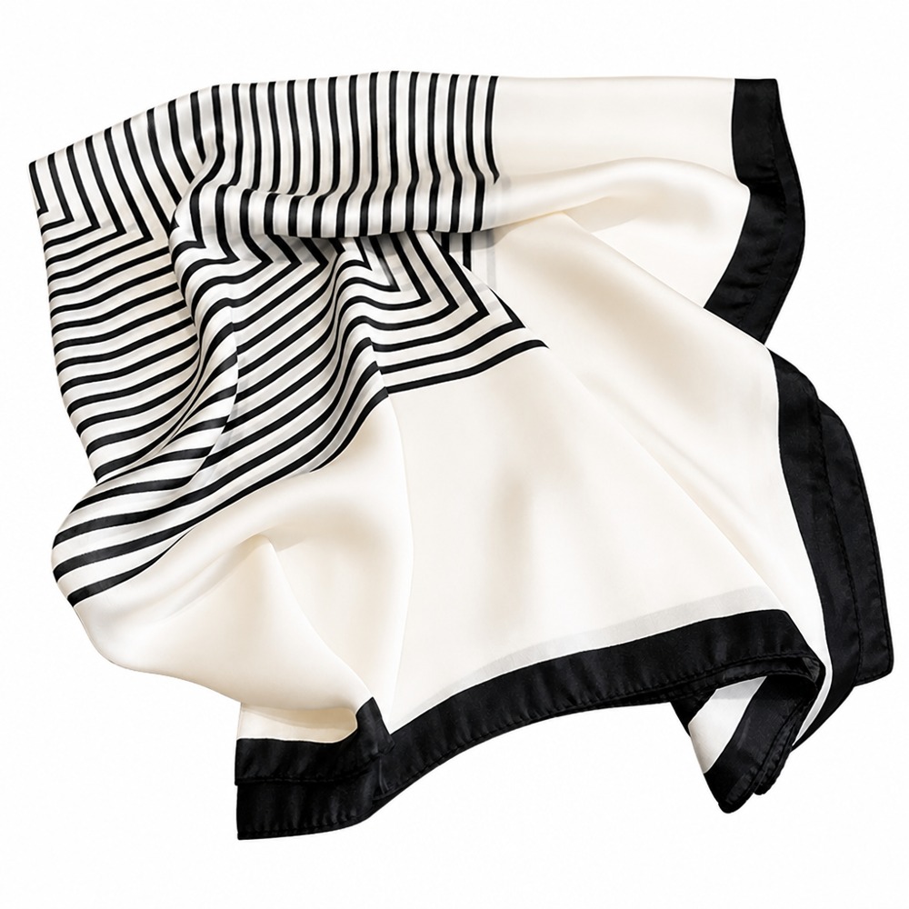 satin square scarf with classic black-white geometric stripes, silky and draping, versatile for neck, head and bag decoration to elevate outfits.