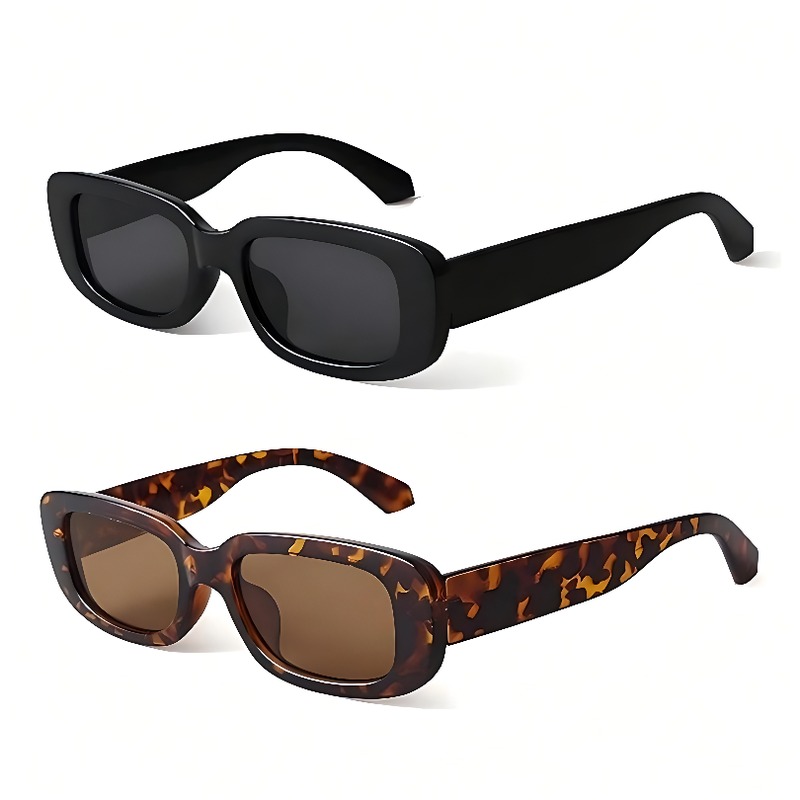 2 pieces of Retro Rectangular Sunglasses for Women - Vintage Cat Eye Style, Classic Oversized Frame (Black / Brown Tortoiseshell, 100% UV Protection)