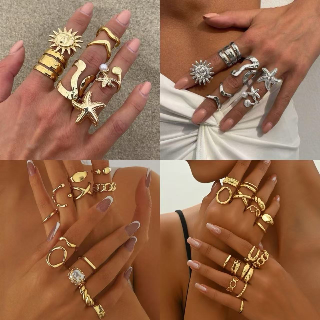 Summer Sun Vacation Wind Matte Irregular Open Ring Starfish Imitation Pearl Set