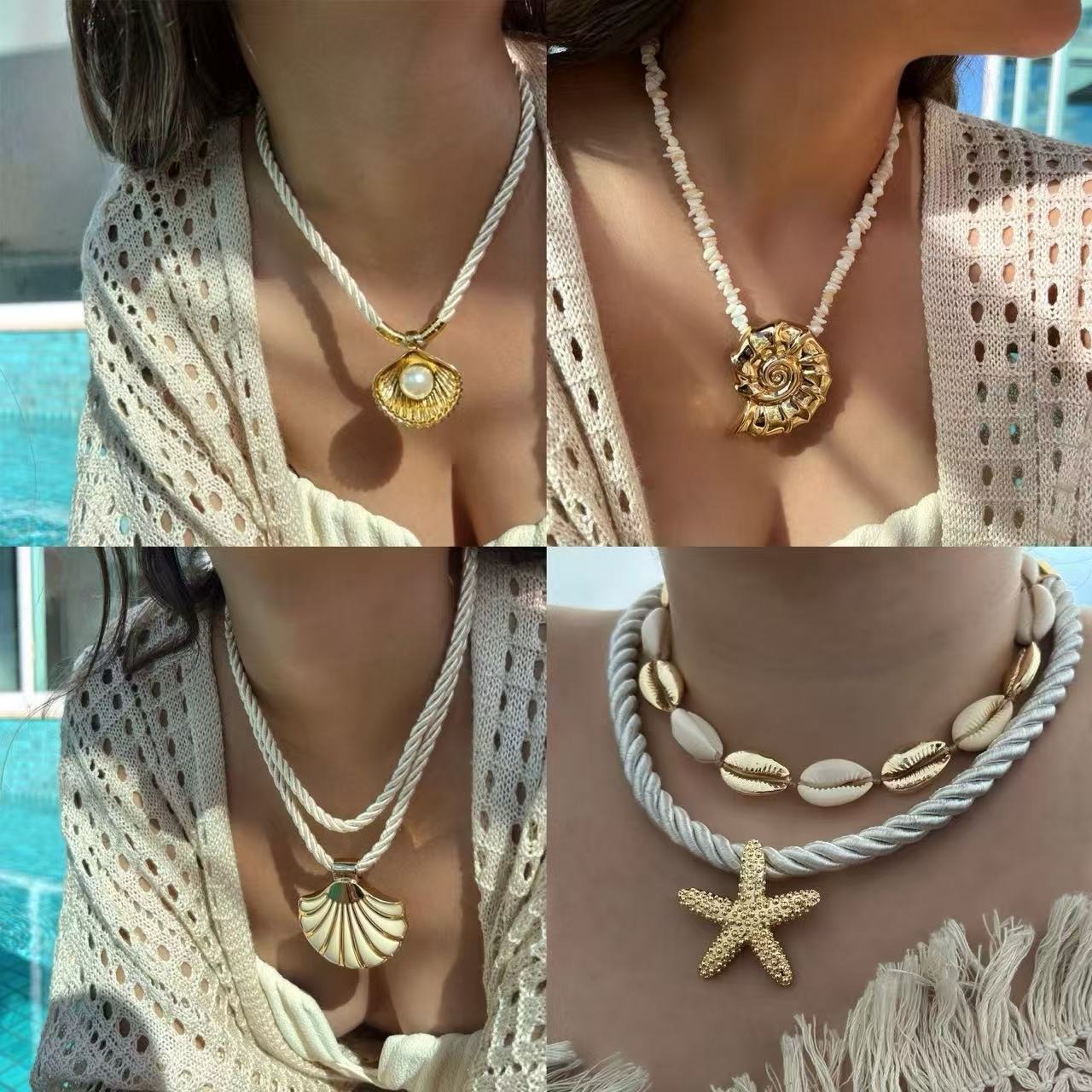 A marine vacation alloy scallop pendant necklace with personality Bohemian thick rope collarbone chain