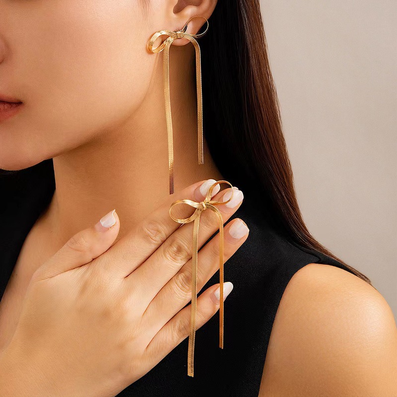 Bowknot Long Chain Gold-Plated Earrings - Elegant Women's Earrings, Valentine's Day & Birthday Gifts, Elegant Lady Style