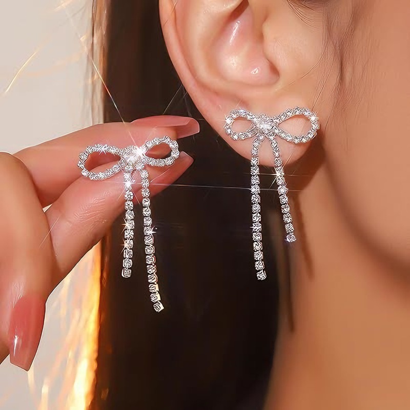 Bowknot Long Tassel Earrings with Diamonds - Luxury Women's Earrings, Dinner & Party Jewelry, Valentine's Day Gifts