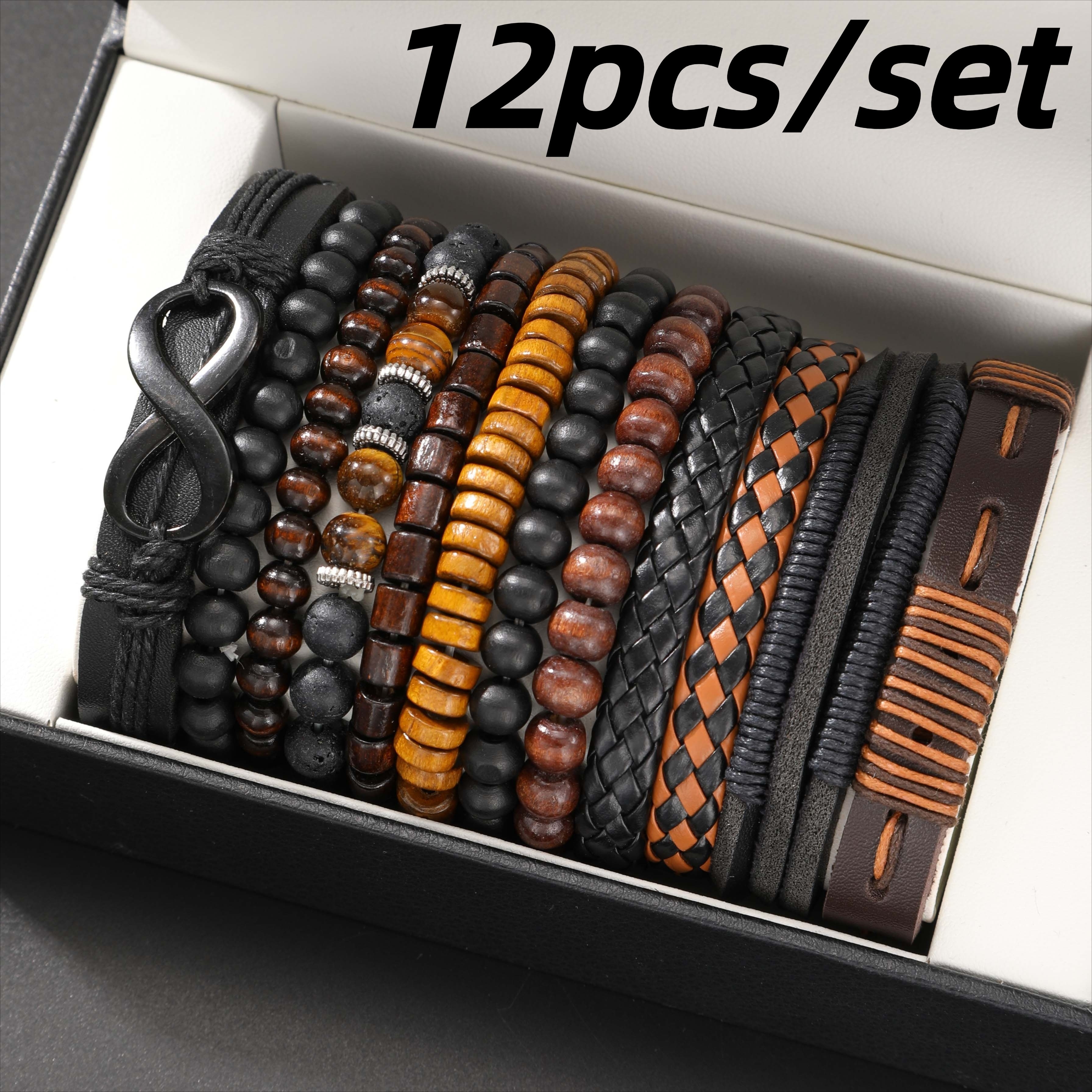 Mens Jewelry - Vintage Leather Bracelets for Men, Synthetic Fiber Rope, Moonstone Mosaic, Set of 12 - Casual and Party Wear, No Box Decorations, Preferred Valentine's Day Gift