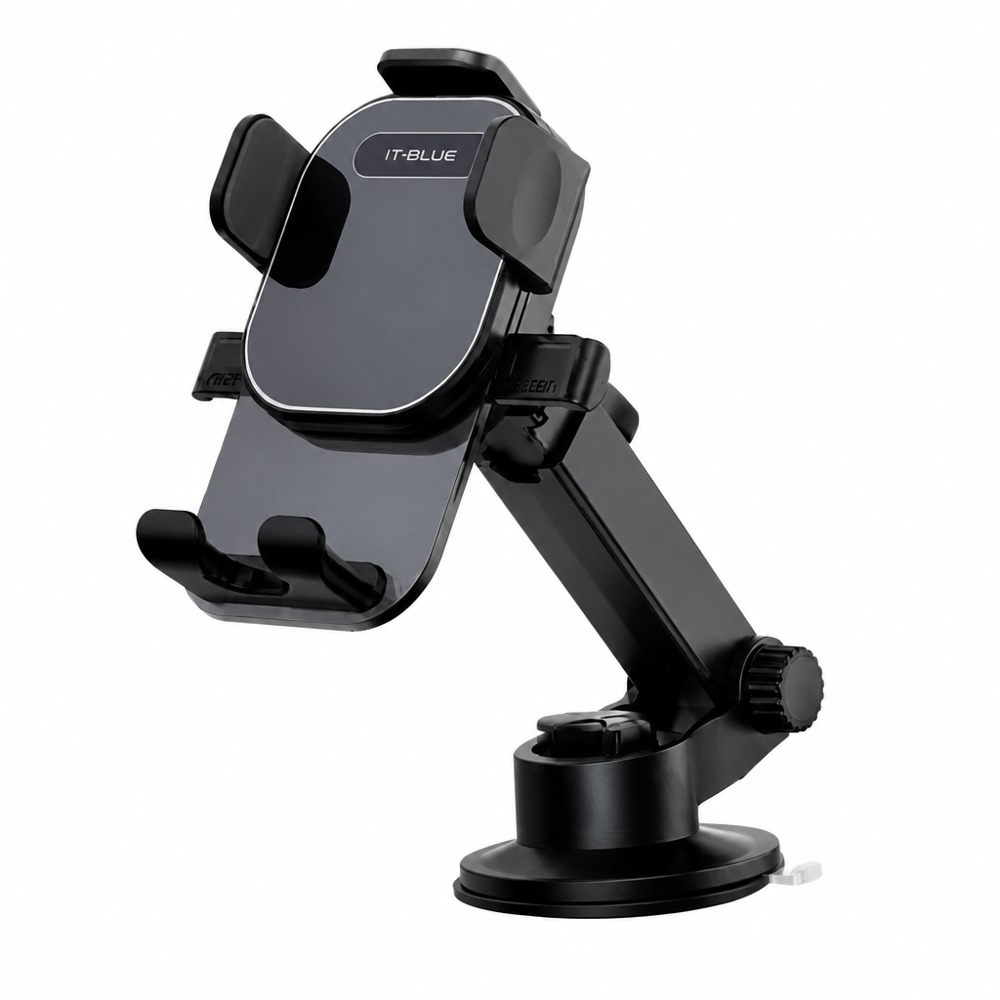 Suction-cup car phone mount with a black adjustable long arm and auto-clamping grips -360° rotation, securely attaches to windshield or dashboard, making navigation safer while driving.