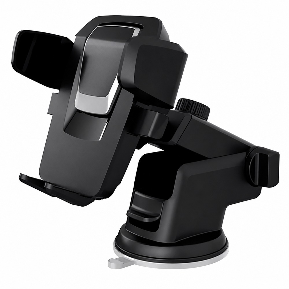 Suction-cup car phone mount with black one-touch auto-clamping design and adjustable long arm -securely attaches to windshield or dashboard, with multi-angle rotation for safer navigation while driving.