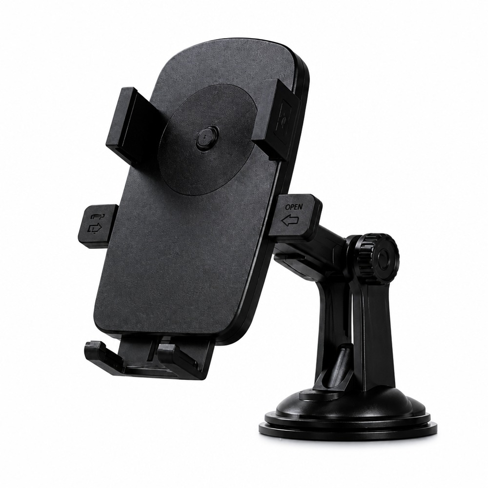 Suction-cup car phone mount with a black large-panel one-touch auto-clamping design and adjustable long arm -securely attaches to windshield or dashboard, with multi-angle rotation for safer navigation while driving